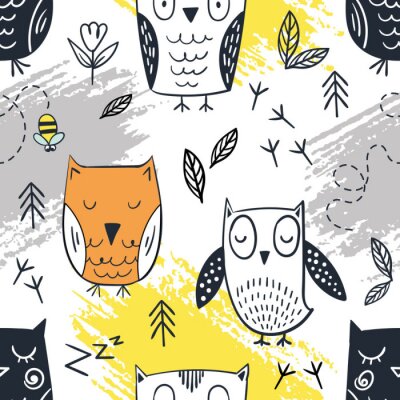 Behang Uilen voor kinderen met bijen en bladeren