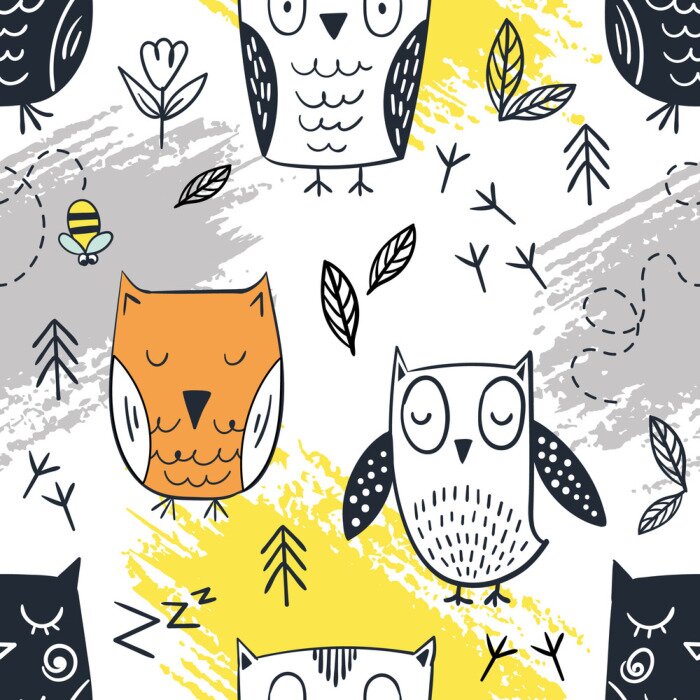 Behang Uilen voor kinderen met bijen en bladeren