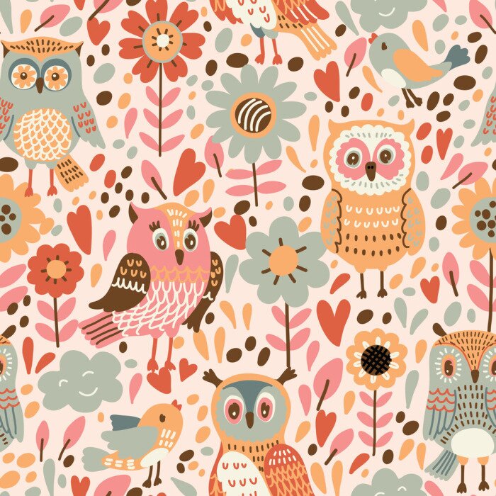 Behang Uilen voor meisjes met bloemen en hartjes