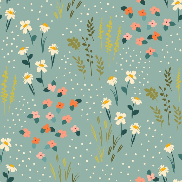 Behang Uiterst kleine bloemen op een groene weide