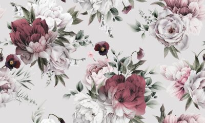 Behang Uiterst kleine boeketten van pioenrozen op een grijze achtergrond