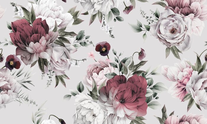 Behang Uiterst kleine boeketten van pioenrozen op een grijze achtergrond
