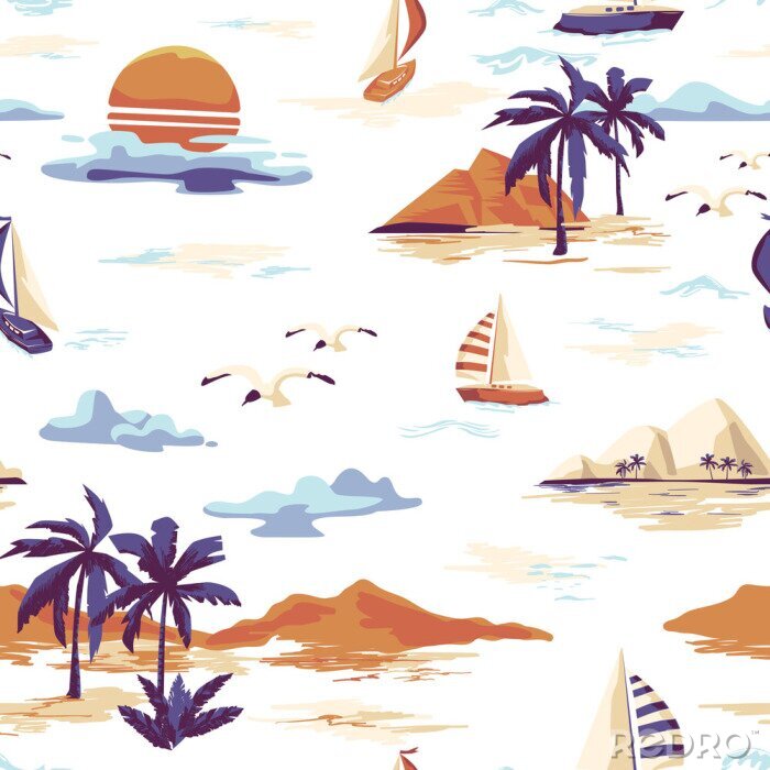 Behang Uitstekend Mooi naadloos eilandpatroon op witte achtergrond. Landschap met palmbomen, jacht, strand en oceaan vector hand getrokken stijl