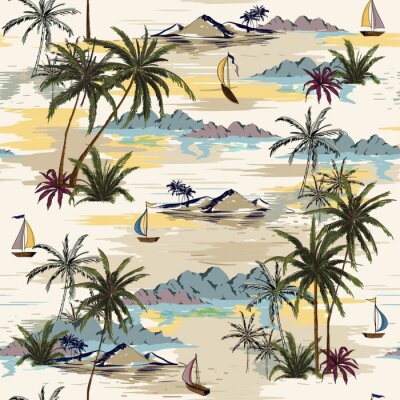 Behang Uitstekend Mooi naadloos eilandpatroon op witte achtergrond. Landschap met palmbomen, strand en oceaan vector hand getrokken stijl