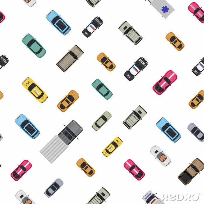Behang Various vehicles set seamless pattern. Roadster, taxi, police SUV, ambulance, sedan, truck. Car for transportation, cargo and emergency services. Top view. Vector illustration in flat style