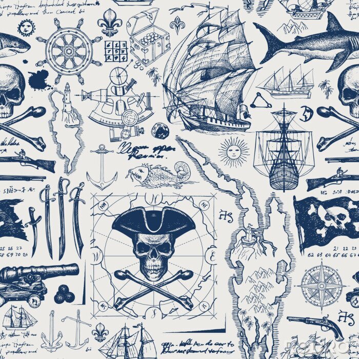 Behang Vector abstract seamless pattern with skull, crossbones, pirate flag, swords, guns, caravels, old map and other nautical symbols. Vintage background with hand-drawn sketches, ink blots and stains