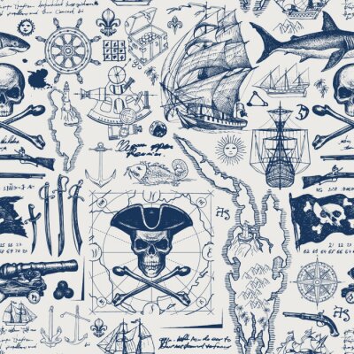 Behang Vector abstract seamless pattern with skull, crossbones, pirate flag, swords, guns, caravels, old map and other nautical symbols. Vintage background with hand-drawn sketches, ink blots and stains