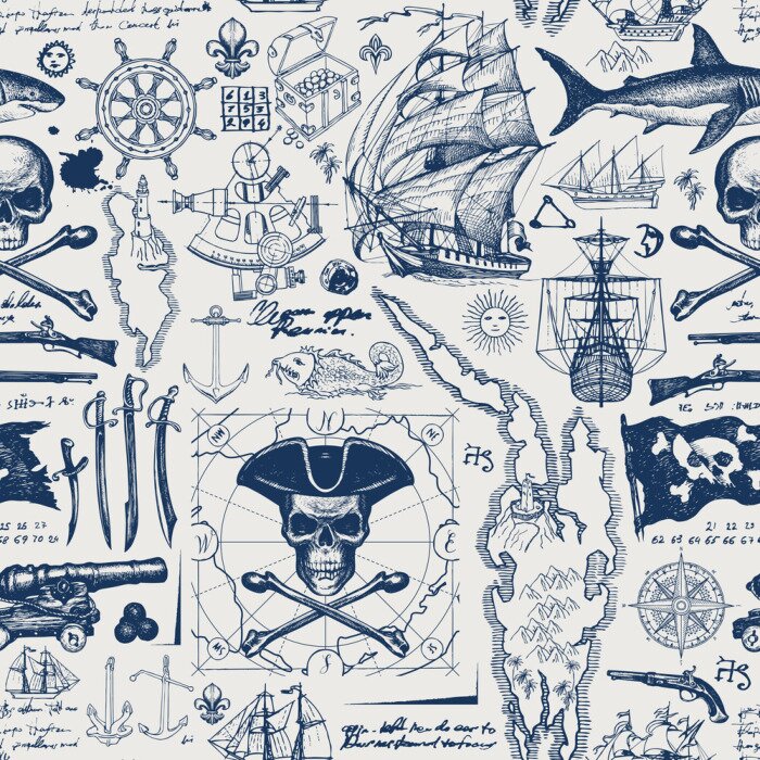 Behang Vector abstract seamless pattern with skull, crossbones, pirate flag, swords, guns, caravels, old map and other nautical symbols. Vintage background with hand-drawn sketches, ink blots and stains
