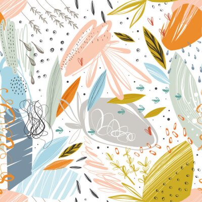 Behang Vector abstracte naadloze patroon met krabbel texturen en doodle bloemen elementen.