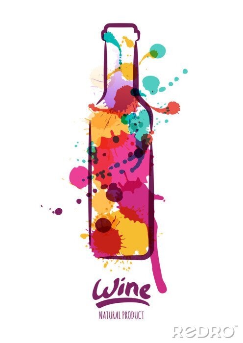 Behang Vector aquarel illustratie van kleurrijke fles wijn en met de hand getekende letters. Abstracte aquarel achtergrond. Ontwerp concept voor wijnetiket, wijn lijst, menu, partij affiche, alcohol drinken.