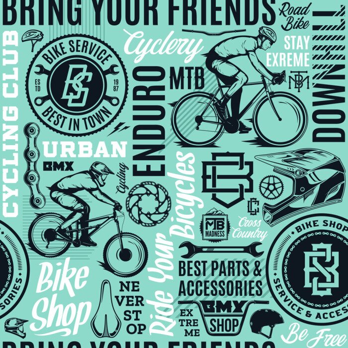 Behang Vector bicycle seamless pattern or background in black, teal and white colors. Bike shop, club and service badges, mountain and road biking icons and design elements