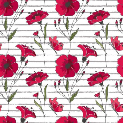 Behang Vector bloemen naadloze patroon. Kleurrijke bloemenpatroon met rode papavers op gestreepte achtergrond.