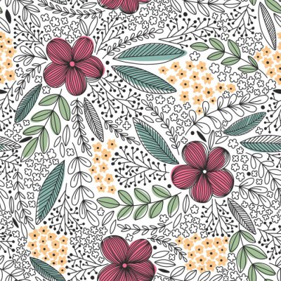 Behang Vector bloemmotief in doodle stijl met bloemen en bladeren.