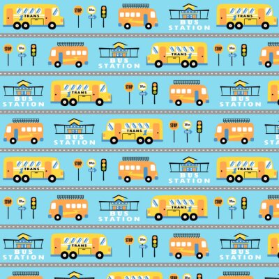 Behang vector cartoon pattern with buses, bus station