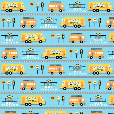 Behang vector cartoon pattern with buses, bus station