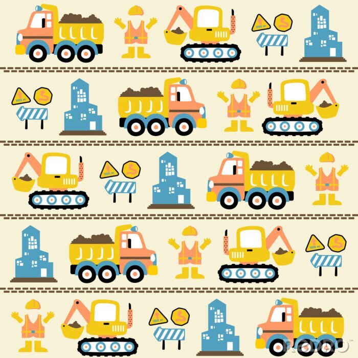 Behang vector cartoon seamless pattern with construction vehicles, construction signs, worker uniform, buildings.