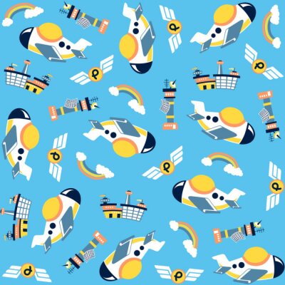 Behang vector cartoon seamless pattern with plane, airport control tower, wings logo, cloud, rainbow on blue background.