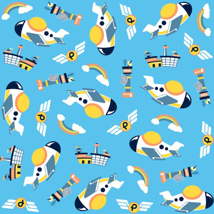 Behang vector cartoon seamless pattern with plane, airport control tower, wings logo, cloud, rainbow on blue background.