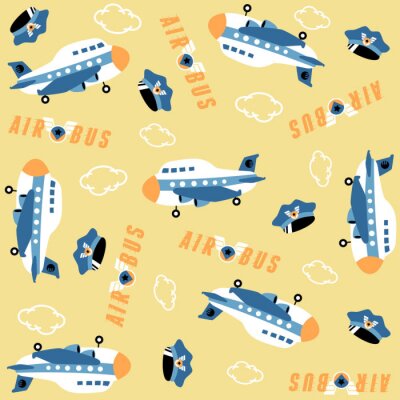 Behang vector cartoon seamless pattern with plane, pilot hat, clouds