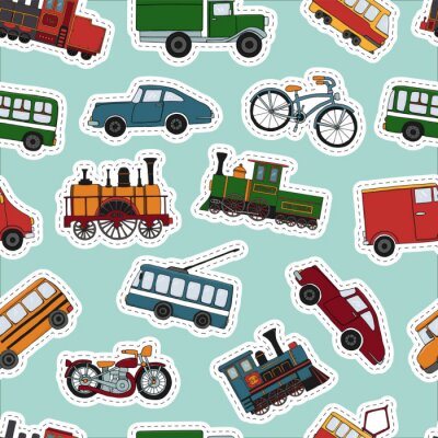 Behang Vector colored seamless pattern of retro engines and transport stickers. Vector repeat background of vintage trains bus, tram, trolleybus, car, bicycle, bike, van, truck. 