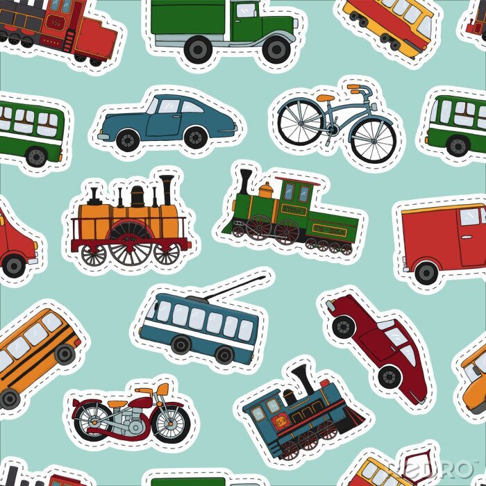 Behang Vector colored seamless pattern of retro engines and transport stickers. Vector repeat background of vintage trains bus, tram, trolleybus, car, bicycle, bike, van, truck. 
