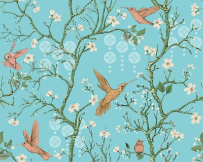 Behang Vector colorful pattern with birds and flowers. Hummingbirds and flowers, retro style, floral backdrop. Spring, summer flower design for wrapping paper, cover, textile, fabric, wallpaper