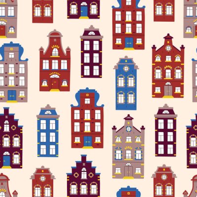 Behang Vector cute seamless pattern with doodle traditional houses. Vector background of multi-colored facades of old buildings in scandinavian trendy style.
