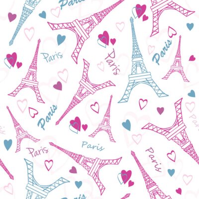 Vector Eifel Toren Parijs Liefde Roze Grey Drawing naadloze patroon met romantische harten. Perfect voor op reis themed design producten, tassen, accessoires, tassen, kleding.