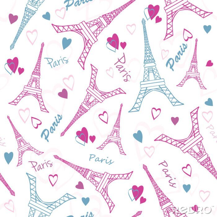 Behang Vector Eifel Toren Parijs Liefde Roze Grey Drawing naadloze patroon met romantische harten. Perfect voor op reis themed design producten, tassen, accessoires, tassen, kleding.