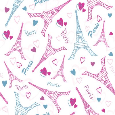Behang Vector Eifel Toren Parijs Liefde Roze Grey Drawing naadloze patroon met romantische harten. Perfect voor op reis themed design producten, tassen, accessoires, tassen, kleding.