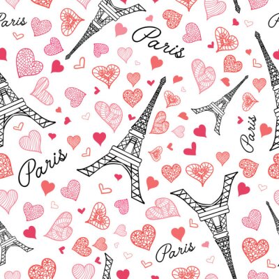Behang Vector Eifel Toren Parijs naadloos herhaalt patroon barst met het St Valentines Day Pink Red Hearts Of Love. Ideaal voor op reis thema briefkaarten, wenskaarten, trouwkaarten.