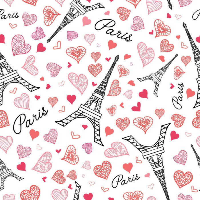 Behang Vector Eifel Toren Parijs naadloos herhaalt patroon barst met het St Valentines Day Pink Red Hearts Of Love. Ideaal voor op reis thema briefkaarten, wenskaarten, trouwkaarten.