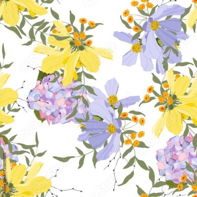 Behang Vector foliage with jungle leaf and hydrangea flowers. Botanical hipster, rustic seamless print for wedding cards. Trendy nature floral background greenery pattern in hand drawn watercolor style.