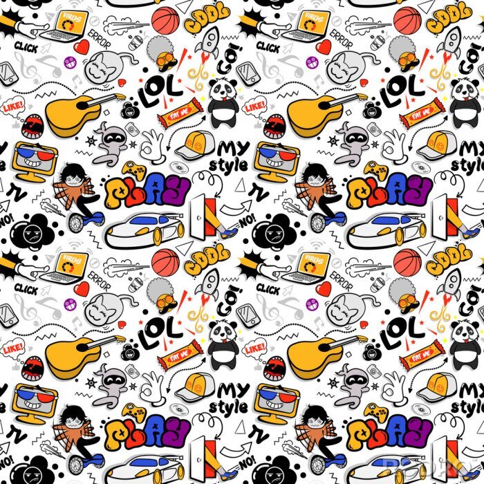 Behang Vector graffiti seamless texture with bizarre elements and characters with social media signs and other shiny icons. Print fabric vector pattern with pop art patches for print, children's room. 