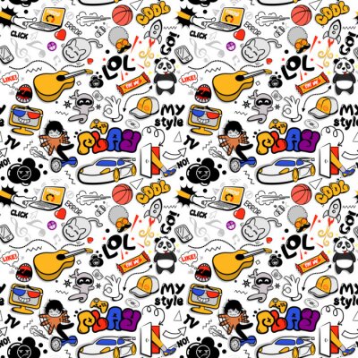 Behang Vector graffiti seamless texture with bizarre elements and characters with social media signs and other shiny icons. Print fabric vector pattern with pop art patches for print, children's room. 