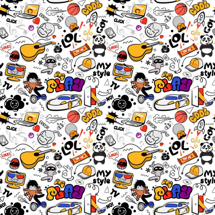 Behang Vector graffiti seamless texture with bizarre elements and characters with social media signs and other shiny icons. Print fabric vector pattern with pop art patches for print, children's room. 