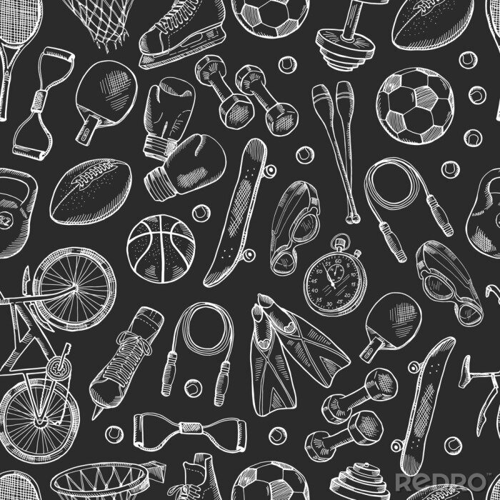 Behang Vector hand drawn sports equipment pattern or chalkboard background