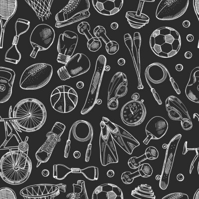 Behang Vector hand drawn sports equipment pattern or chalkboard background