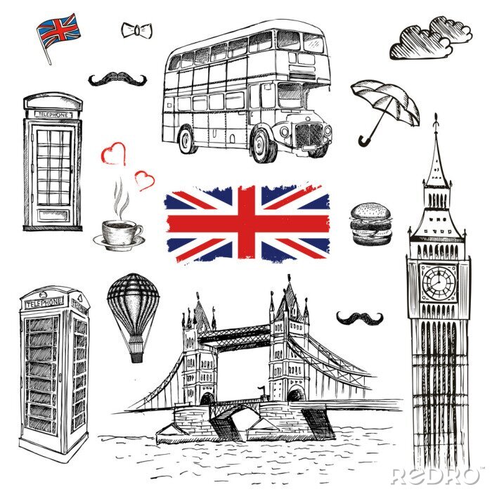 Behang Vector hand getekende illustratie met Londen symbolen