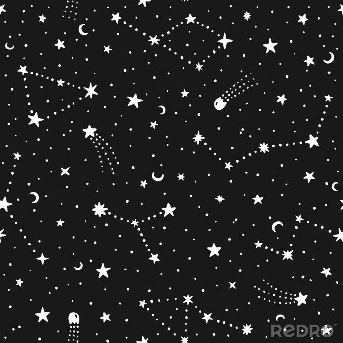 Behang Vector hand getrokken doodle naadloze nachthemel patroon met ruimtesterren, planeten, kometen.