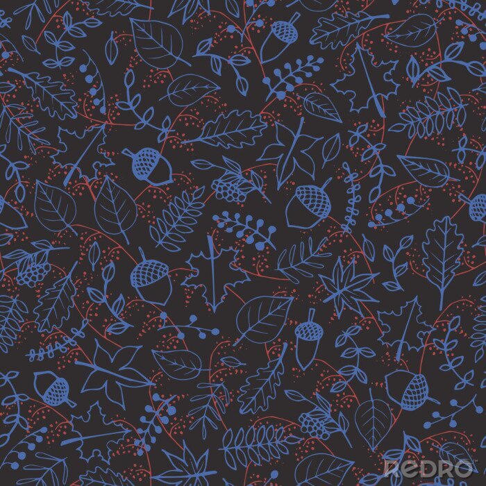 Behang Vector handgetekend patroon met contouren van de herfst elementen: gebladerte, bessen en eikelen op de donkergrijze achtergrond. Esdoorn-, bomen-, berken-, beuken- en eikenbomen.