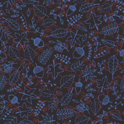 Behang Vector handgetekend patroon met contouren van de herfst elementen: gebladerte, bessen en eikelen op de donkergrijze achtergrond. Esdoorn-, bomen-, berken-, beuken- en eikenbomen.