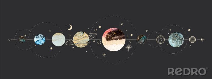 Behang Vector illustration set of moon phases. Different stages of moonlight activity in vintage engraving style. Zodiac Signs