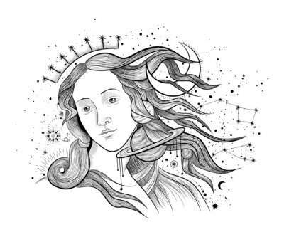 Sticker Vector illustration set of moon phases. Different stages of moonlight activity in vintage engraving style. Zodiac Signs