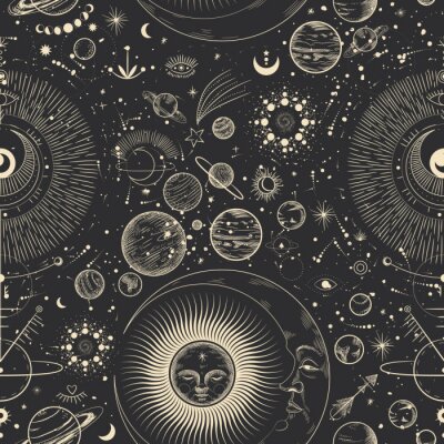 Behang Vector illustration set of moon phases. Different stages of moonlight activity in vintage engraving style. Zodiac Signs