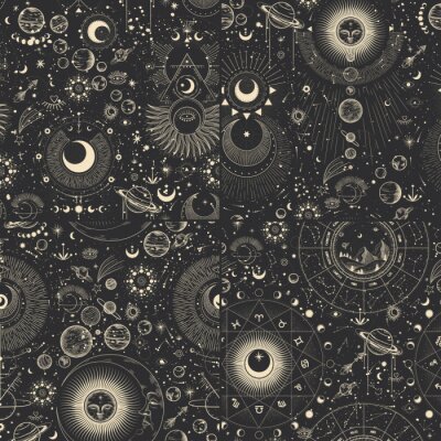 Behang Vector illustration set of moon phases. Different stages of moonlight activity in vintage engraving style. Zodiac Signs