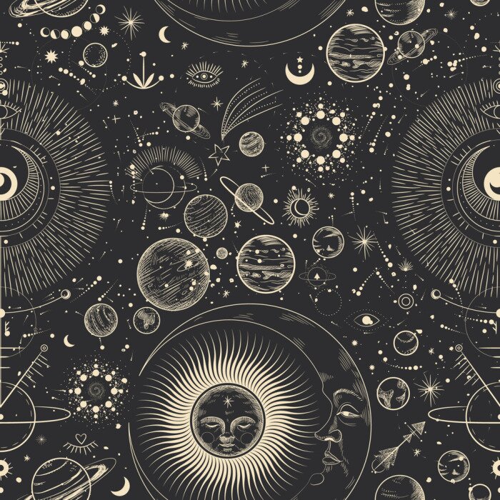 Behang Vector illustration set of moon phases. Different stages of moonlight activity in vintage engraving style. Zodiac Signs