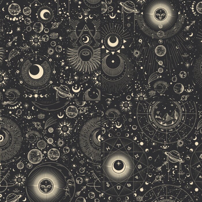 Behang Vector illustration set of moon phases. Different stages of moonlight activity in vintage engraving style. Zodiac Signs