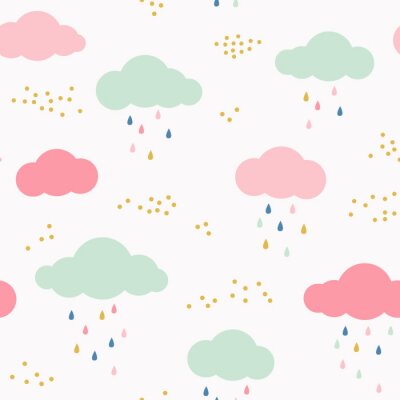 Behang Vector kids patroon met wolken, regen druppels en punten. Leuke scandinavische naadloze achtergrond in mint, roze, geel en grijs.