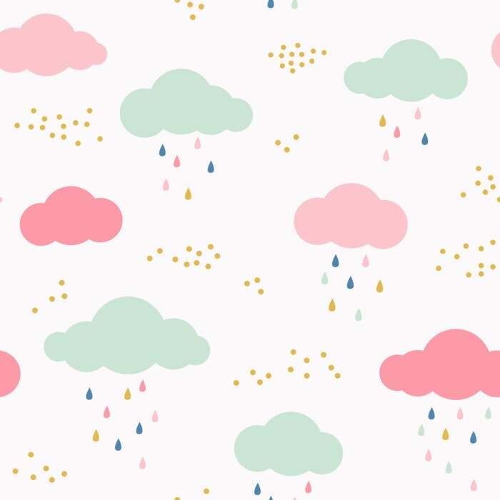 Behang Vector kids patroon met wolken, regen druppels en punten. Leuke scandinavische naadloze achtergrond in mint, roze, geel en grijs.